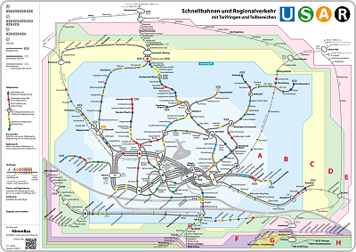 Netzplan Schnellbahnen und Regionalverkehr mit Tarifringen und Teilbereichen